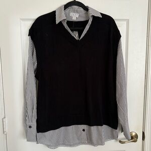 NWT Joan Rivers Black V-Neck Sweater Vest with Striped Shirt